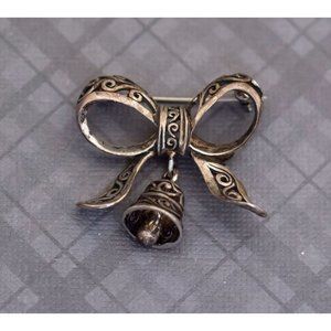 Vintage Art Nouveau Sterling Silver Bow with Bell Brooch, G34